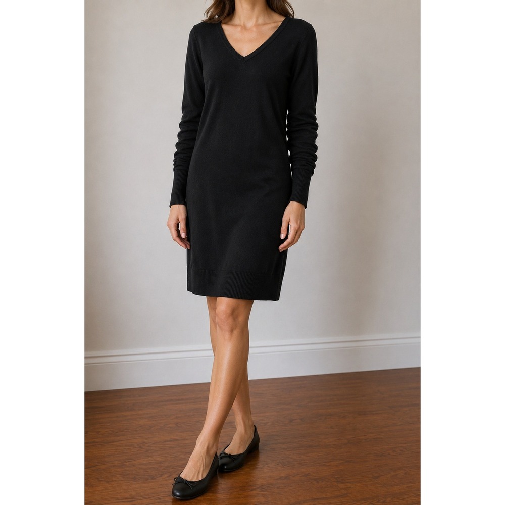 Ann Taylor Black Merino Wool Knit Sweater Dress Small Ruched Sleeve Old Money